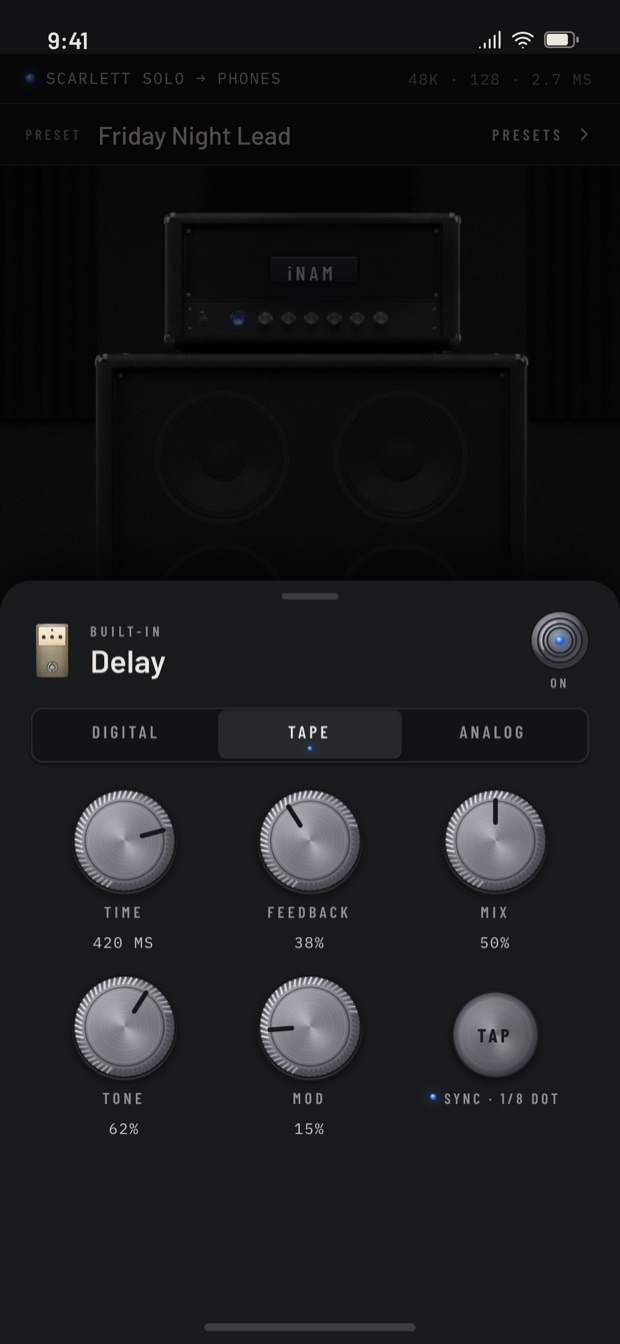 The iNAM delay pedal detail view with its controls.