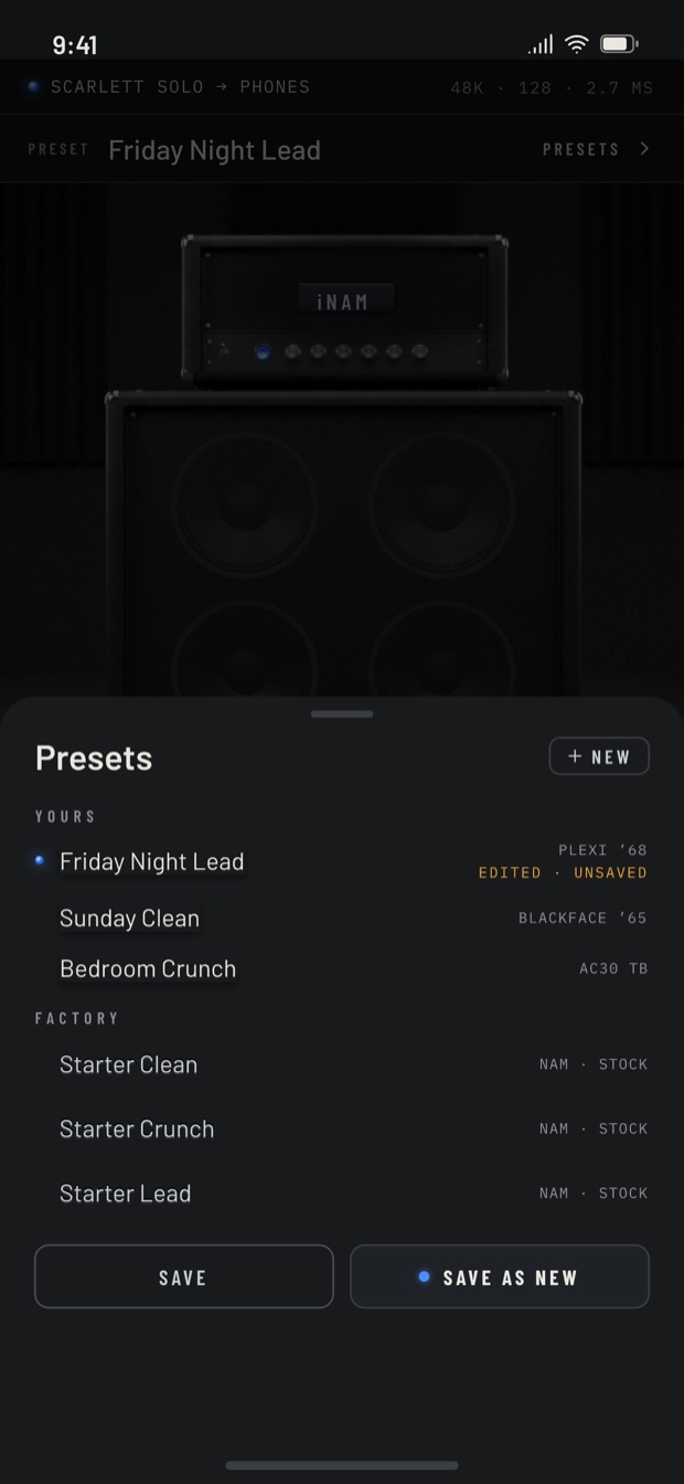 The iNAM presets screen showing saved rigs.