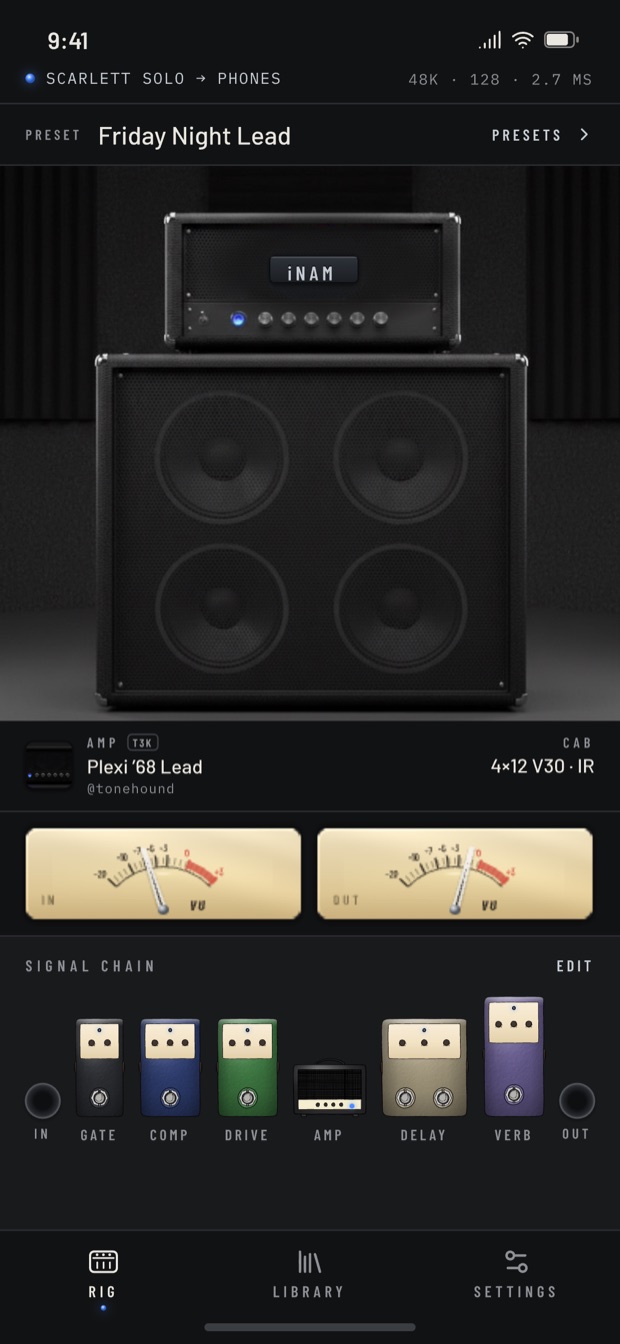 The iNAM rig screen: an amp head and 4x12 cabinet, input and output VU meters, and a signal chain of pedals.